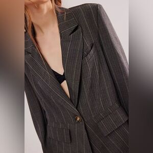 Free People Charlotte Pinstriped Pleat-Back Blazer Charcoal Combo Size Medium